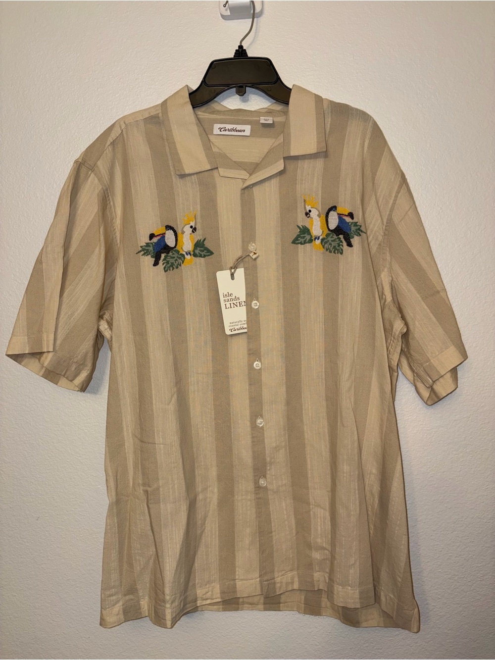NWT Roundtree & Yorke Men XXL Beige Striped Linen Embroidered Parrot Shirt